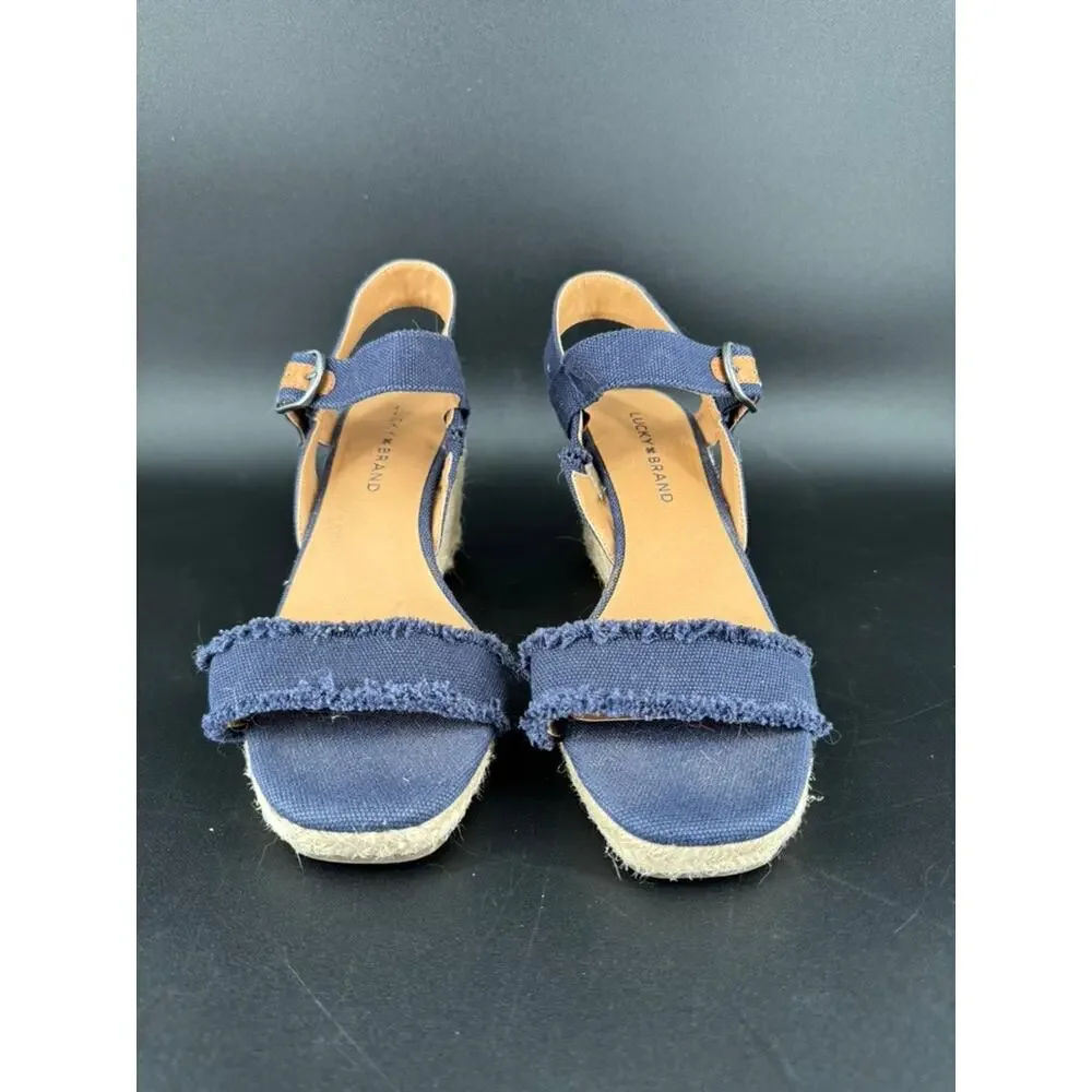 Lucky Brand Mindra Espadrille Wedge Sandals 7.5M Indigo Blue Canvas Frayed